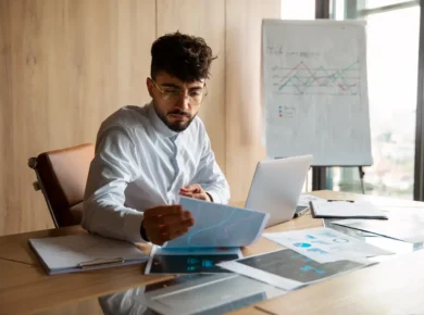 Financial controller reviewing month-end reconciliations and supporting schedules